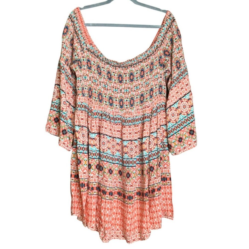Torrid 3 Womens Size 3X Boho Smocked Top Boho Summer Blouse Geometric